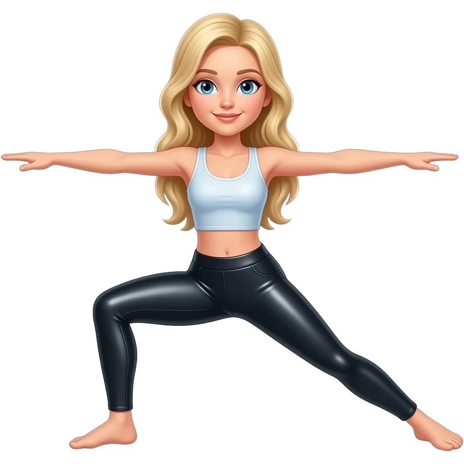 Blonde girl in shiny leather leggings doing yoga emoji