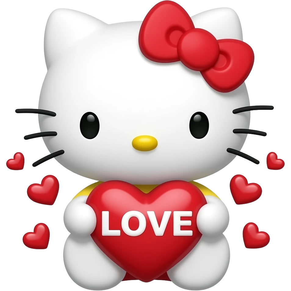Hello Kitty, con un lazo rojo en la cabeza, sosteniendo un corazón rojo con la palabra ‘LOVE’ en el centro. Hay pequeños corazones rojos alrededor de ella, y su expresión es dulce y amigable emoji