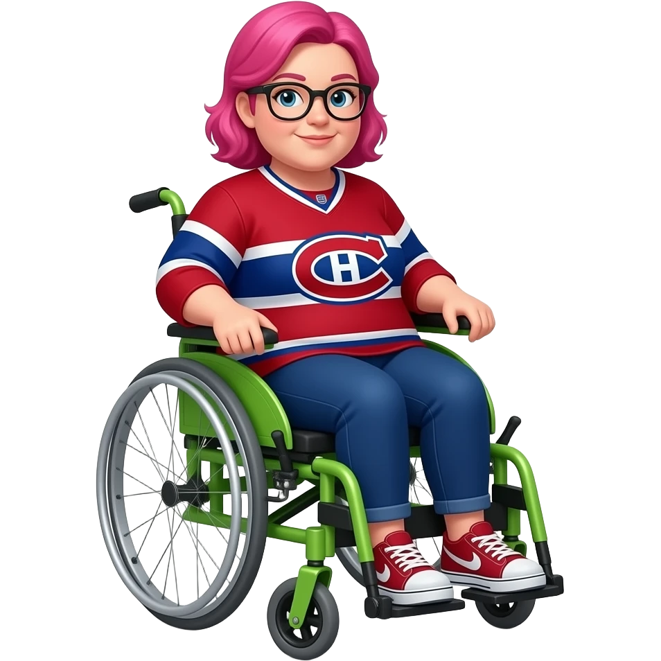fat woman with butch pink hair and eye glasses canadiens jersey lime green electric wheelchair emoji