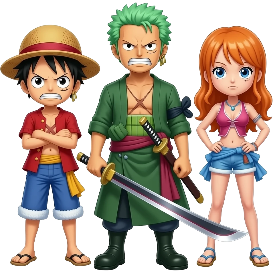 Luffy With zoro in the back only 1 zoro please and nami in the back too make it more realistic make it more like it looks in the one piece serie give them angry faces and give zoro a sword in his hand emoji