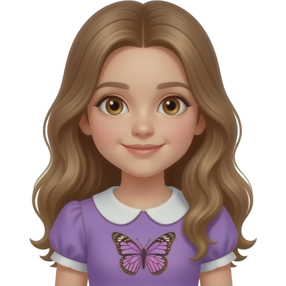 A nine year old girl with long brown blonde hair and blue Hazel eyes and she’s wearing a purple dress with butterflys on it emoji