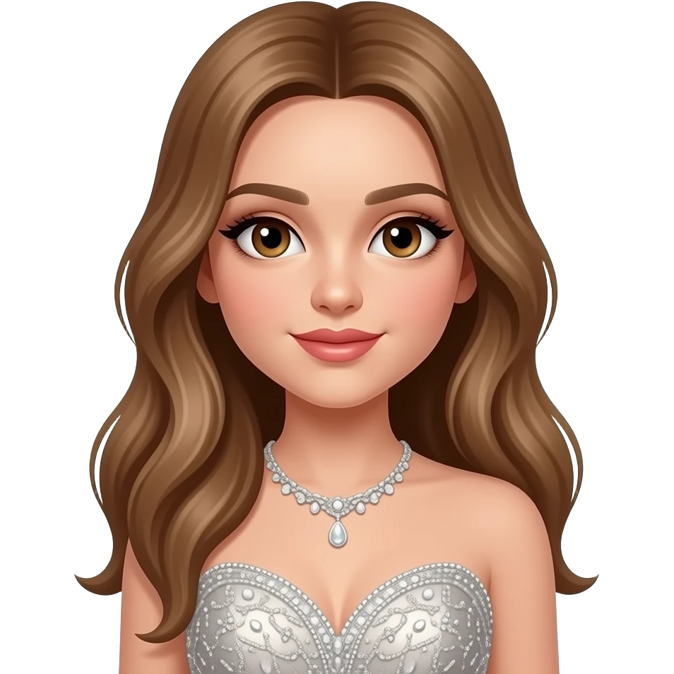 Arianna de Giorgi teen girl with long brown light hair, brown eyes, and a beautiful prom dress. She has a lot of make up and beautiful hair emoji