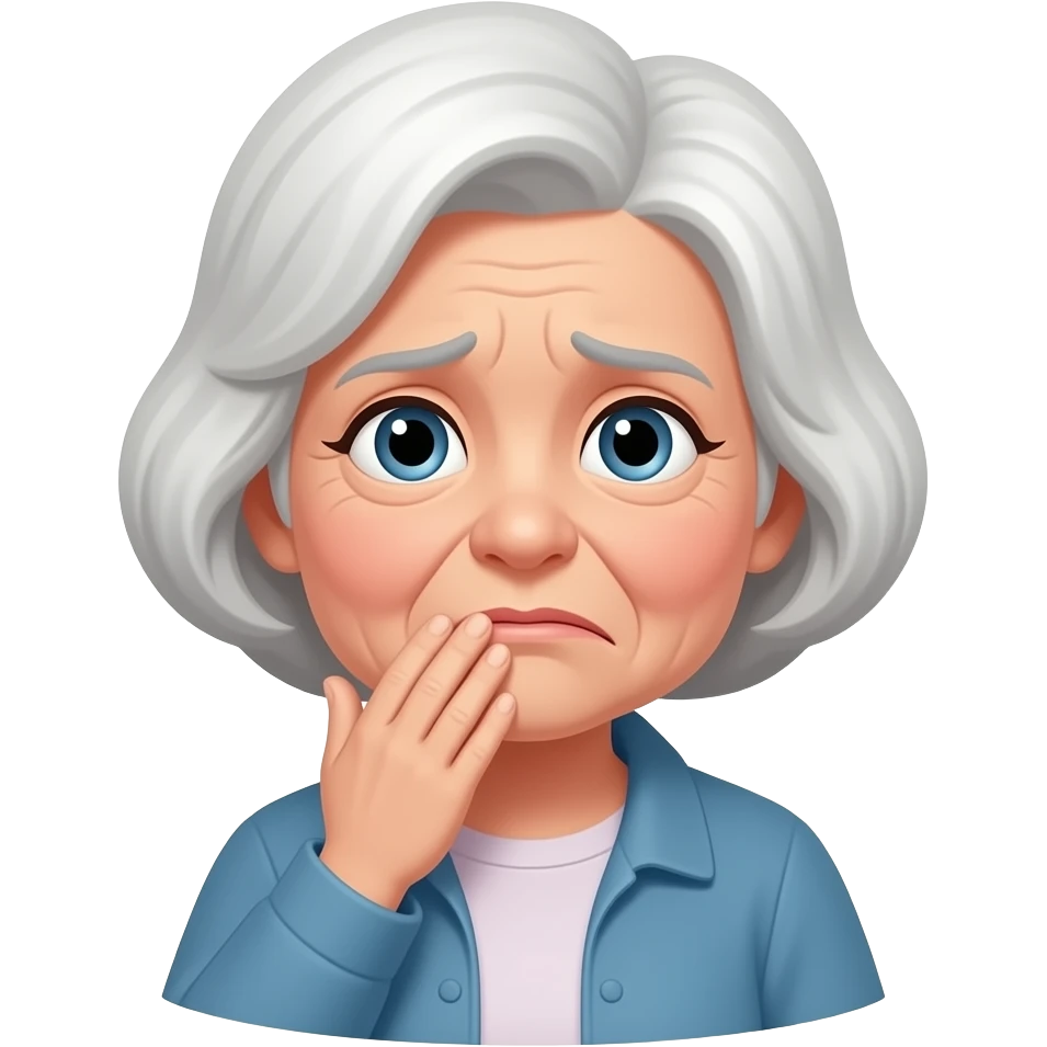 An anxious, white-haired grandmother with her hand to her mouth emoji