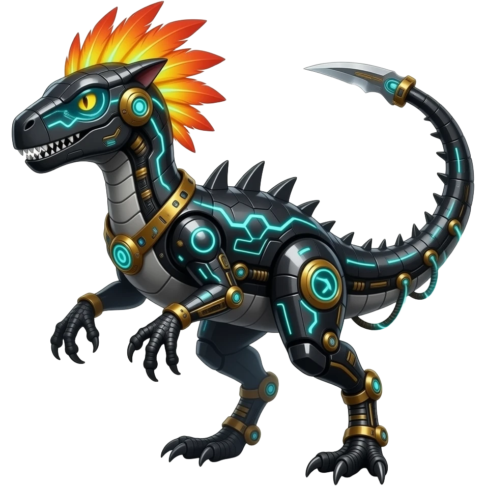Cool edgy fiery cybernetic electrical visor-helmeted, Circuitry-patterned black-scaled digitigrade futuristic raptorik fantasy-Cyberpunk-Steampunk-Solarpunk-Genesect-Salamence-Cyclizar-Salazzle-Feraligatr-Fakémon-animal-hybrid, with neon feather-mane, and a tail blade, back spikes emoji