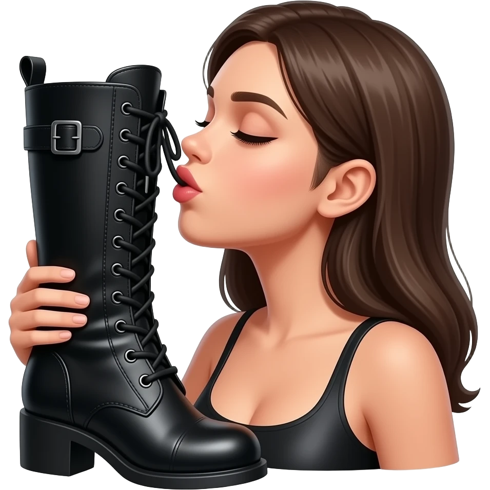 A submissive girl kissing a dommes boot. the image should just show her upper body and a black leather boot. emoji