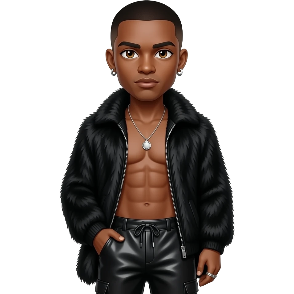 Keith Sweat with brown eyes, black buzz cut hair, black fur shawl, black metallic baggy pants, shirtless with necklace and earrings emoji