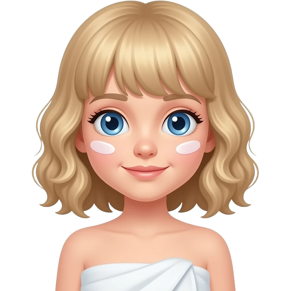 white kid blue eyes mid length with bangs soft curly hair to shoulders in color: middle to little darker blond, wrapped in a towel doing her skincare routine, head and body covered. emoji