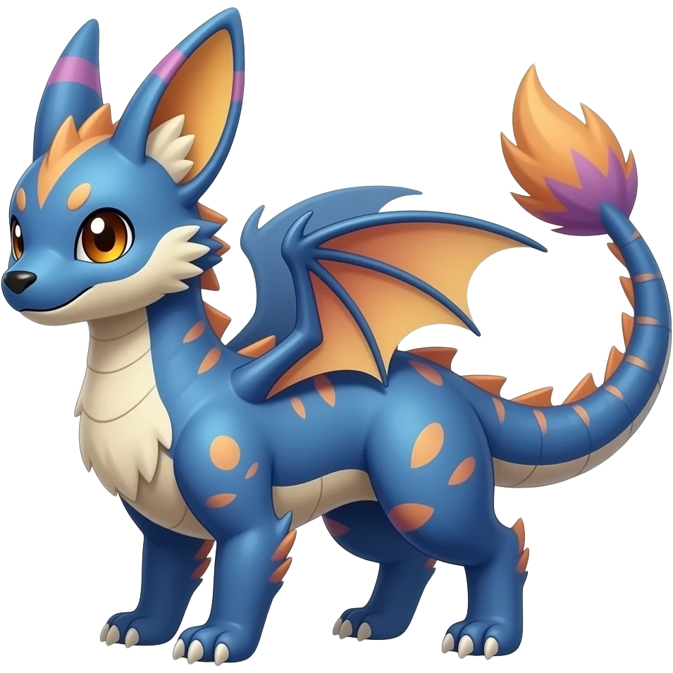 Beautiful pretty cool edgy elegant realistic Feral Rare Fantasy colorful vibrant Vernid-Trico-Haku-dragon-species-Fakemon-creature by LiLaiRa, random markings, tufted tail, tufted ears, full body emoji