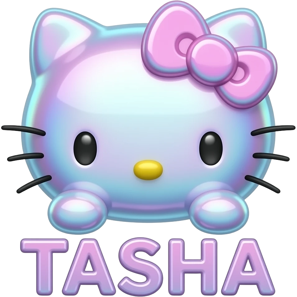 Shiny holographic pink and blue colored glass hello Kitty head with bubble letters TASHA below the front paws emoji