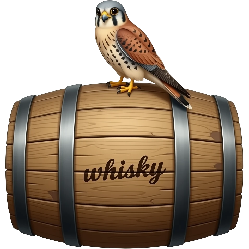 kestral sitting on whisky barrel clearly stenciled "whisky" emoji