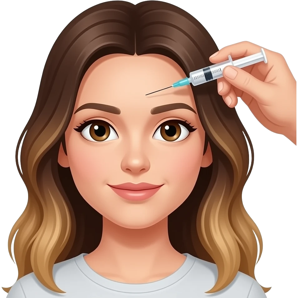Brown eyed, long brunette balayage hair getting botox in forhead emoji