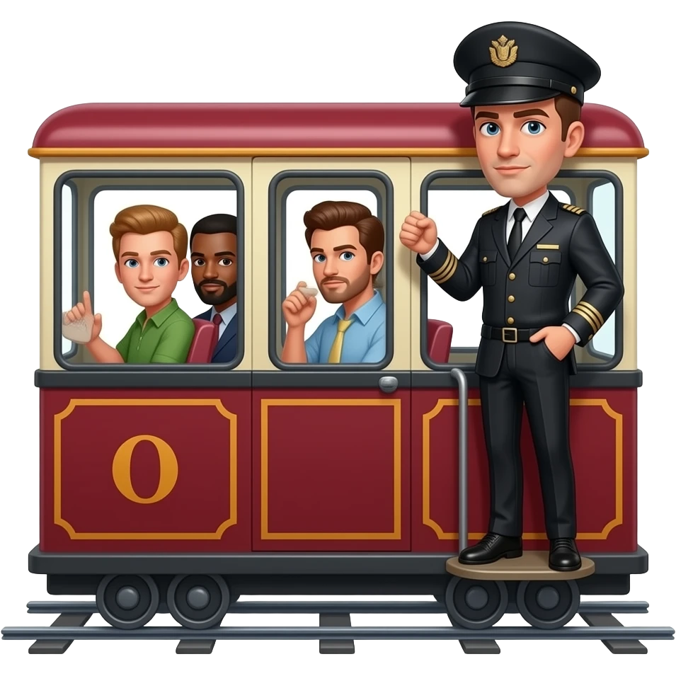 Print text: "The little train that couldn't, don't run out of steam at SteamWorks". Image of Gay leatherman train conductor, gay leatherman passengers on the little train that couldn't. emoji