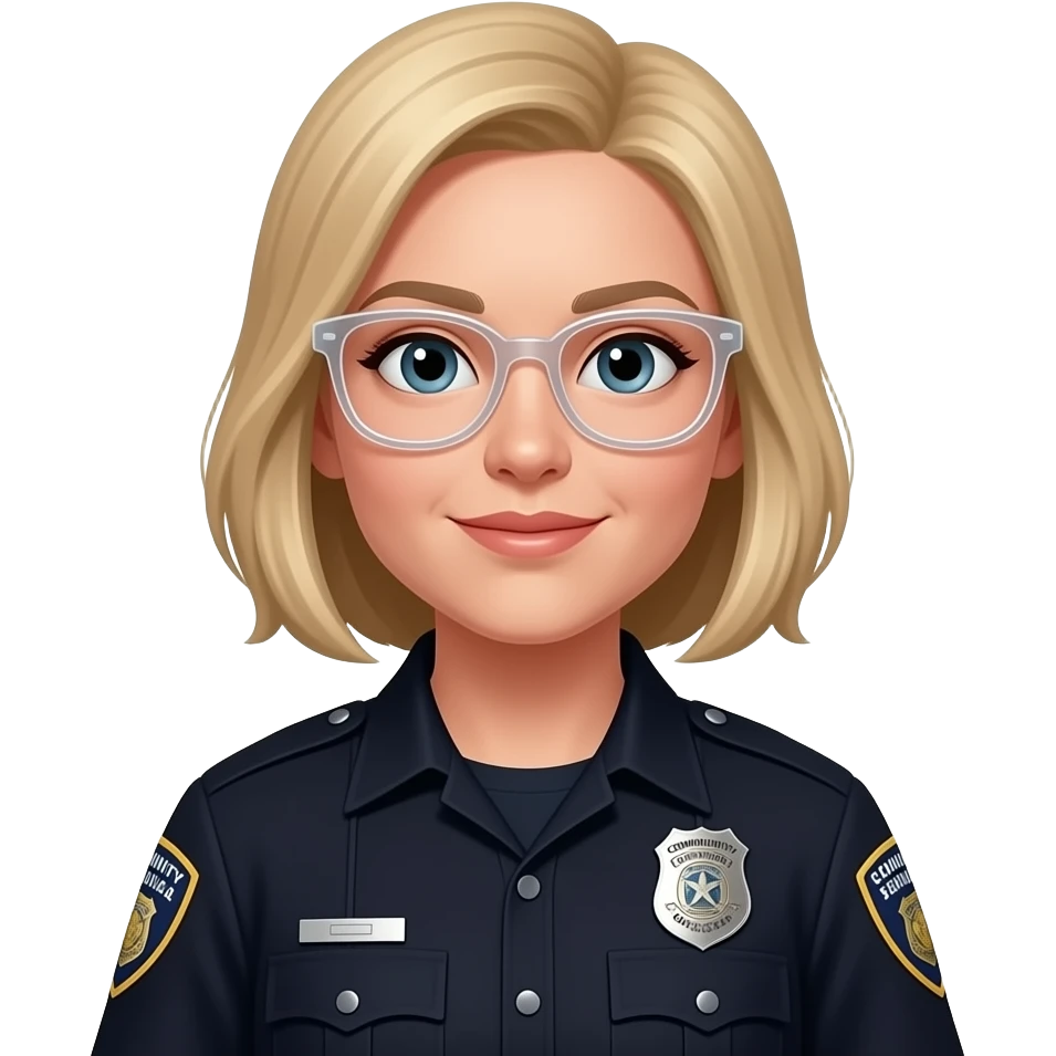 police woman, blonde medium hair length, Clear colored glasses, badge says (Community Service Officer) black uniform emoji