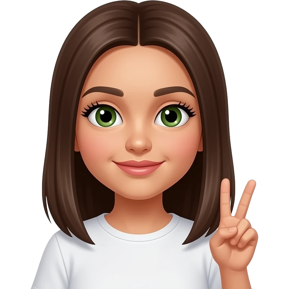 extremely long brown  middle part straight haired , tan girl with green eyes long spiky lashes and big plump lips small button nose, and has a very cute round face and is a latina, from her chest up with a simplewhite shirt, has very straight eyebrows , soft feminine features, is doing a peace sign, emoji