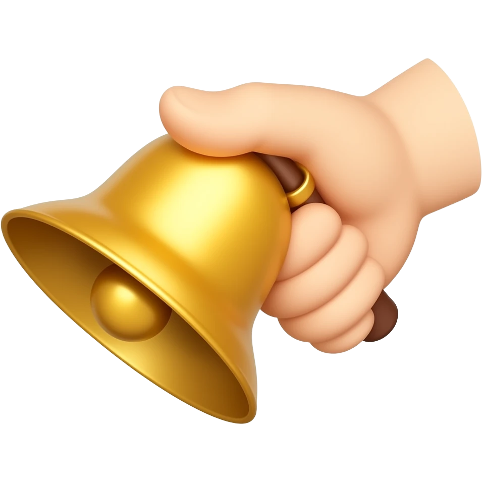 A handheld ringing bell with visual ringing effects, text below it ...
