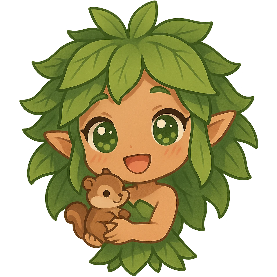 chibi forest nymph, big sparkling eyes, leafy hair, cheerful smile, holding a tiny animal emoji