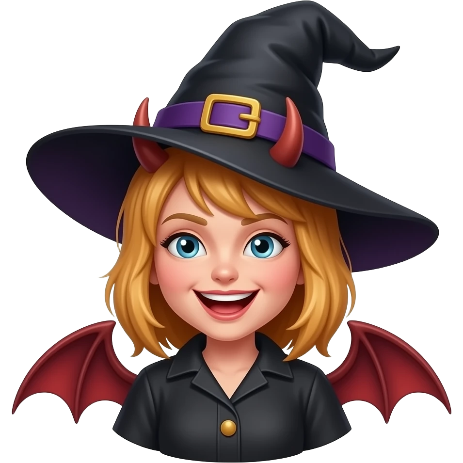 Cackling witch with mischievous devil emoji