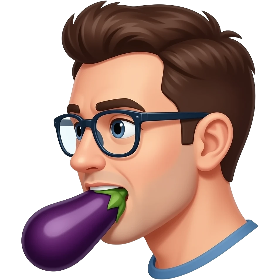 Brown hair guy with glasses with eggplant in mouth side profile emoji