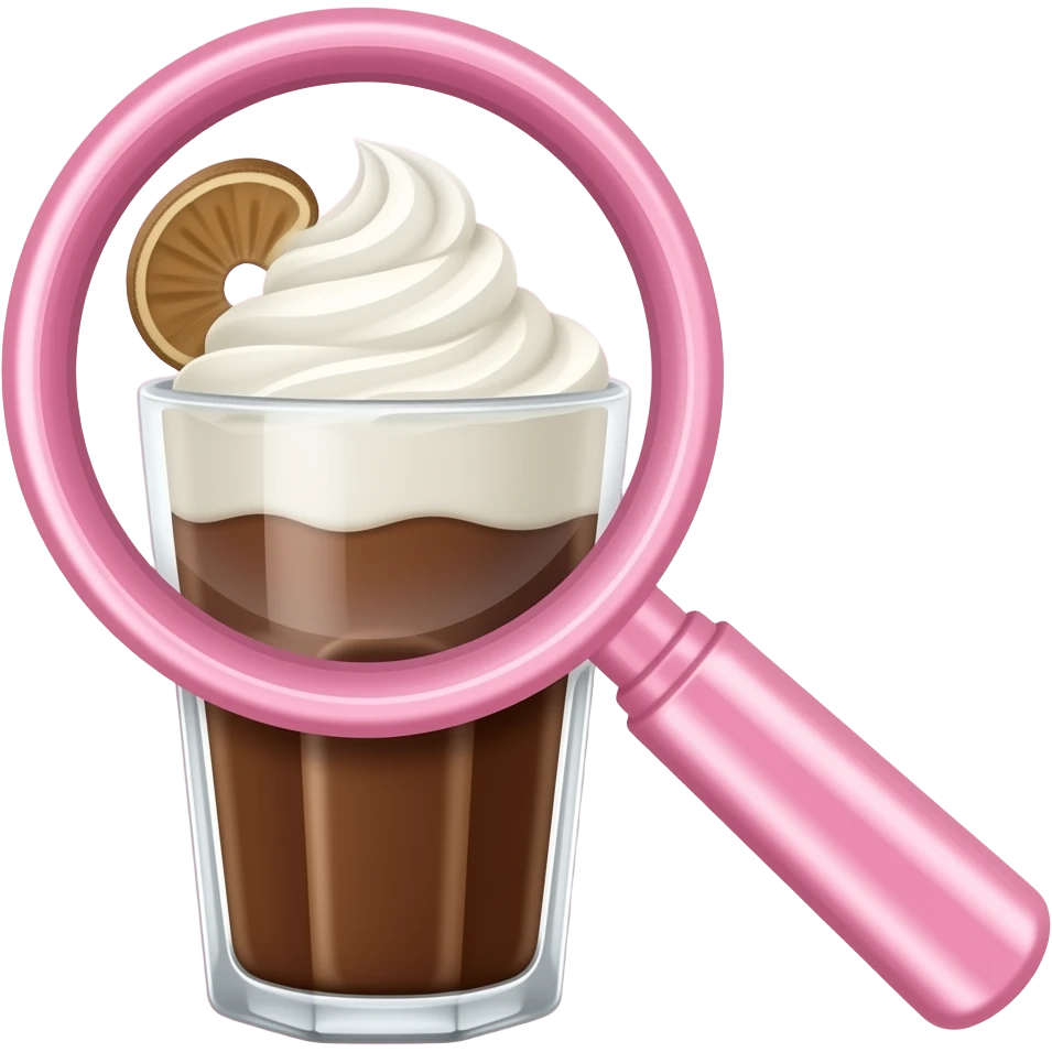 Lupa rosada viendo un vaso de chocolate y crema blanca  y frutas con fondo rosado emoji