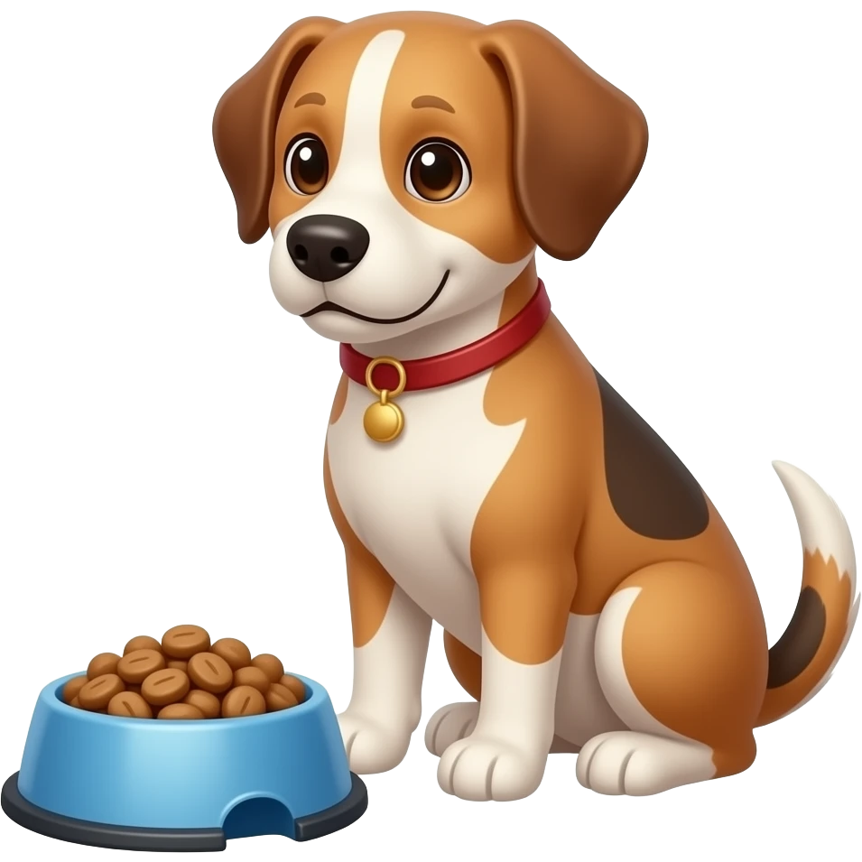The dog sits patiently before its food bowl. emoji