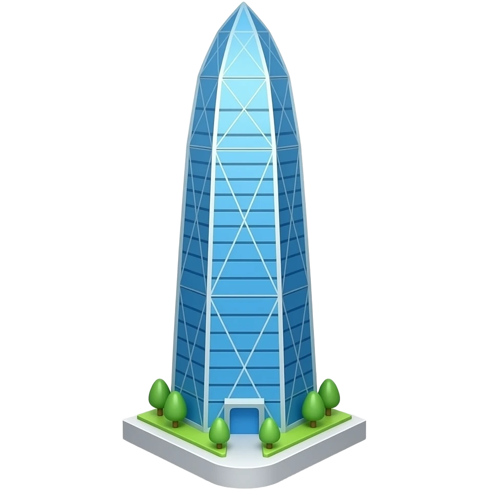 Shenzhen Ping An Finance Center emoji icon, tall blue faceted glass tower with sloped crown above tiny Futian base, glossy toy-like 3D, isolated transparent background, centered, warm colors, soft shadow, no stamp, no scalloped edge, no paper border, no text, no people, no skyline collage emoji