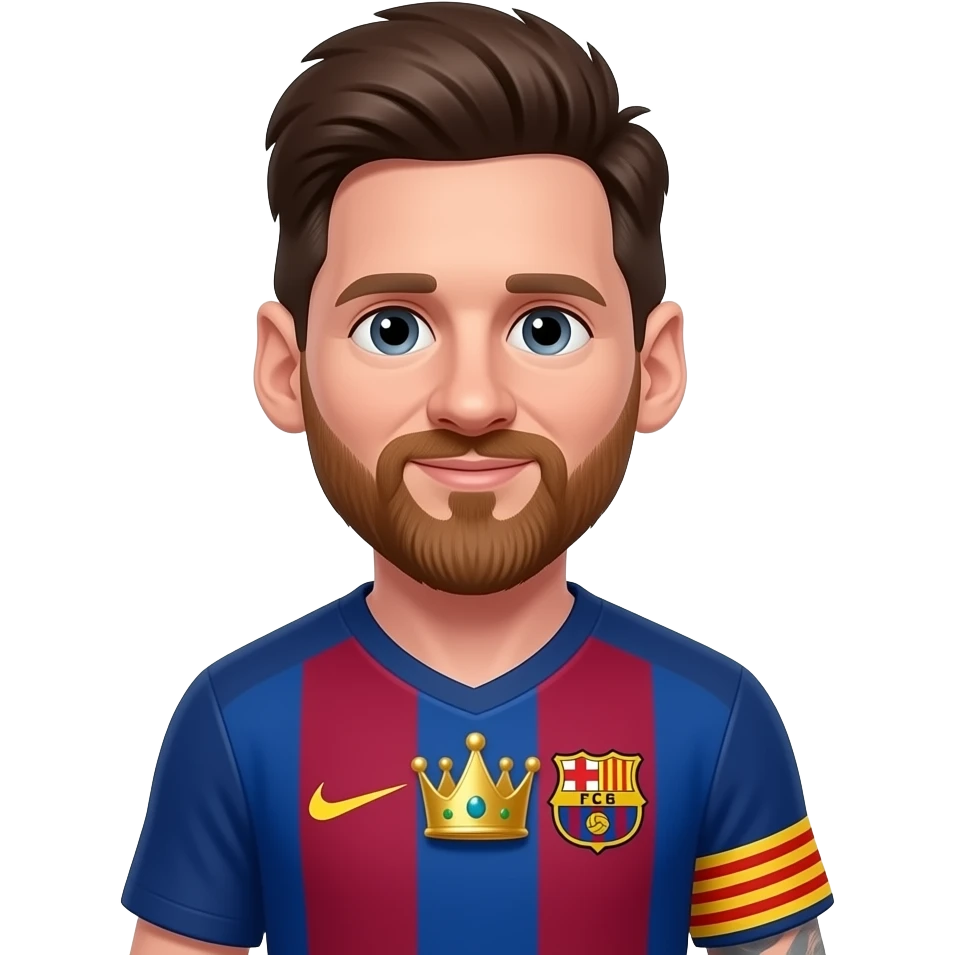 Messi emoji avatar, Barcelona jersey, cute cartoon style. One identical golden king crown placed on the center chest area of the jersey. emoji