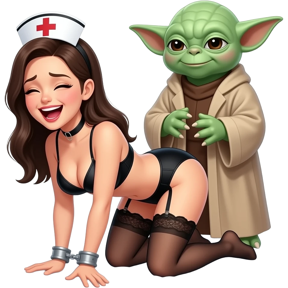 Passionate Thin Nurse  handcuffed to a bed smiled my and moaning , large breasts, black lingerie and garter belt , positioned doggy style in  front of a tall Yoda, emoji