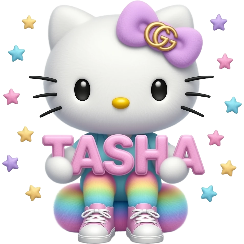 4D Velvety fur texture hello kitty wearing ombre white and blue and pink and yellow ombre pastel colored leggings and sneakers, and with the Gucci symbol on her ombre pastel bow sitting down holding the velvety 3D outlined letters TASHA and surrounded with tiny ombre pastel stars made of candy emoji