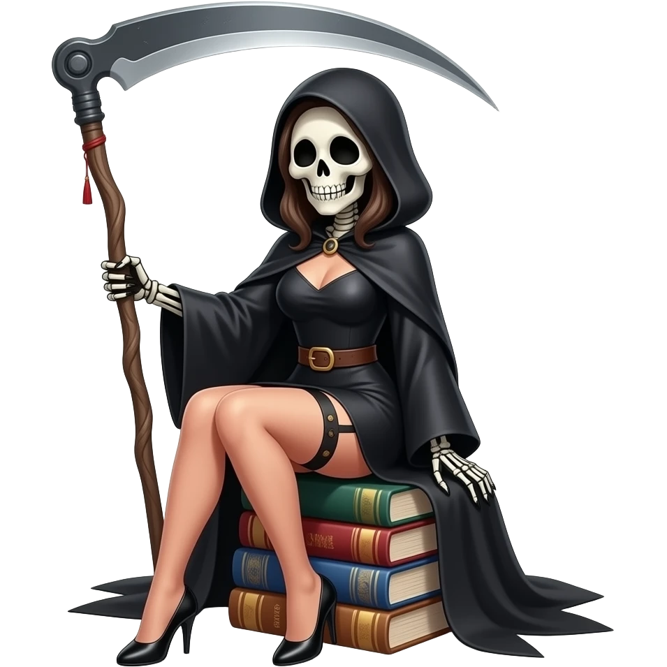 A sexy girl Grim reaper sitting on a stack of books with a scythe emoji