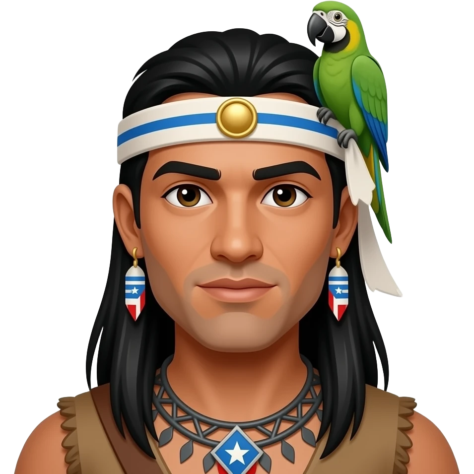 Puerto Rican taíno warrior man straight black hair that falls back with long hair and a headdress with Puerto Rican parrot green feathers that has a cotton white band with a gold circle in the center of it emoji