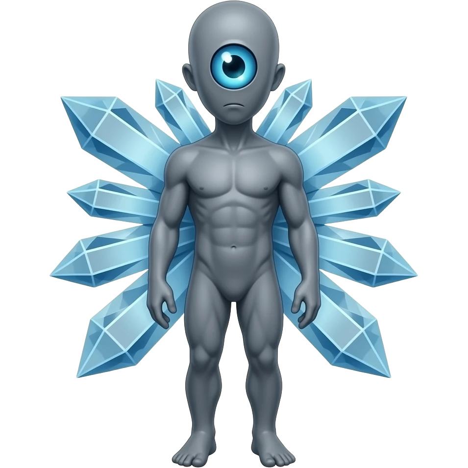 Weird Crystal humanoid thing with crystals growing on its back in glowing blue eyes with a gray body with a growing with no mouth with glowing blue eyes with a single blue glowing eye full body emoji