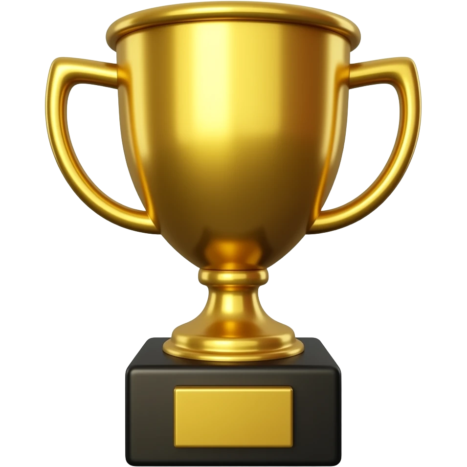 Create a single golden trophy emoji icon, glossy 3D cartoon style, front view, clean shape, shiny metallic gold, small handles, black base, transparent background, no text, no character, no extra objects. emoji