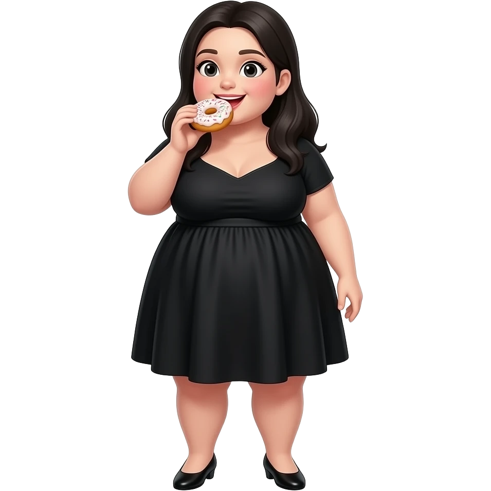 Fat girl full body wearing  black dress long length black hair eating a donut emoji