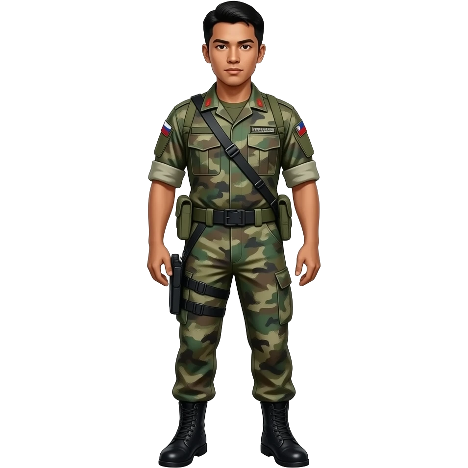 Filipino man battle dress uniform 1990s black combat boots without plate carrier and without bandolier without belt and without holster full body emoji