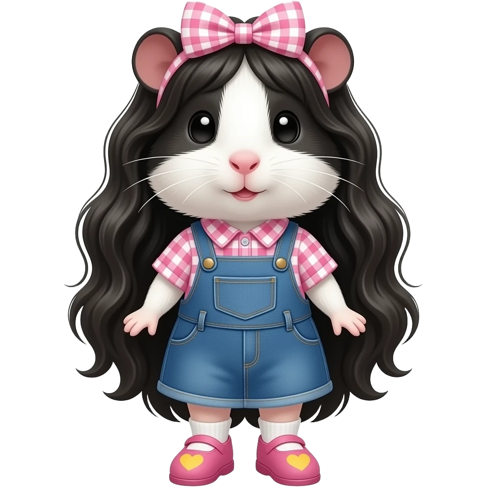 long hair black and white guinea pig with pink gingham shirt, jean dress, pink shoes with yellow hearts and a pink gingham bow emoji