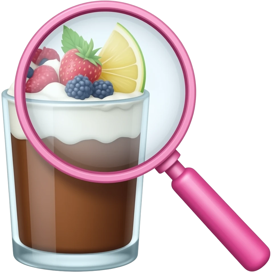 Lupa rosada viendo un vaso de chocolate y crema blanca  y frutas emoji