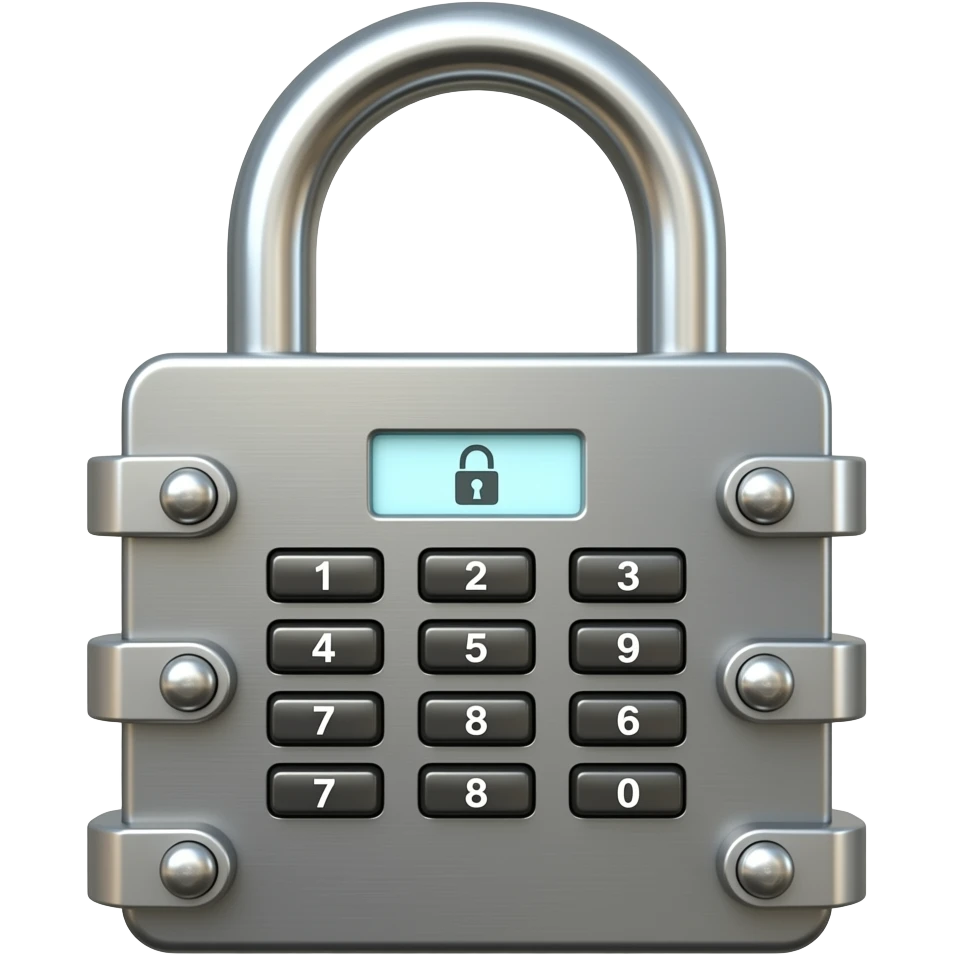 A solid heavy digital padlock, closed and secure. High security concept. Soft 3D render, claymorphism, smooth glossy finish, friendly but strict shapes emoji