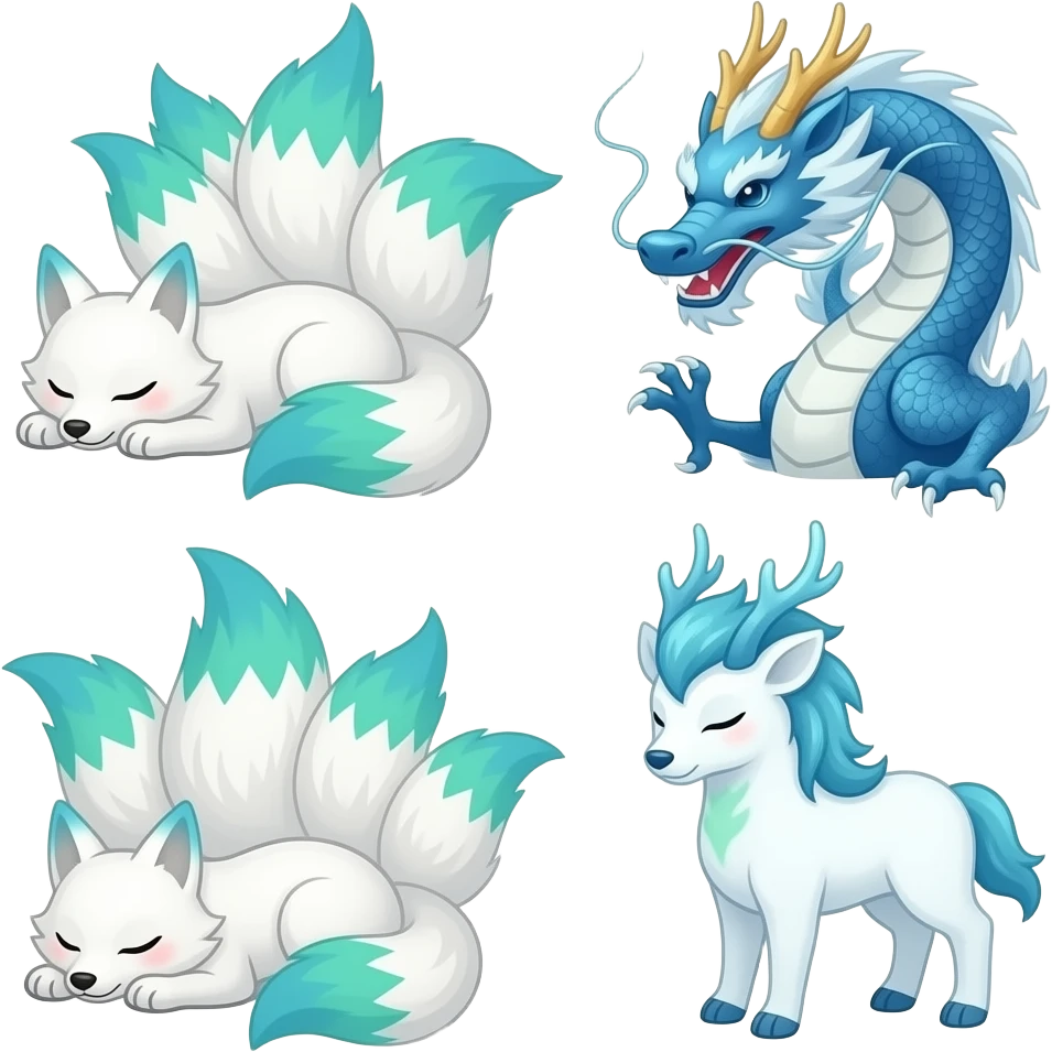 All together sleeping in the photo White Nine kitsune tail with blue green ombre tips on the tails and paws as socks. By a blue and white Chinese dragon. Even by a white Qulin with blue an green on it emoji