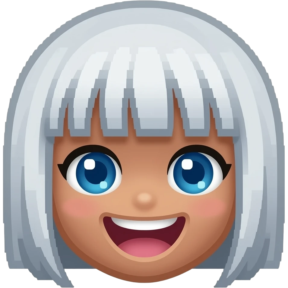 Pixel cube 4-bit Chibi square pixelated head icon of a girl laughing white white short hair blue eyes pixel square eyes and brown skin emoji