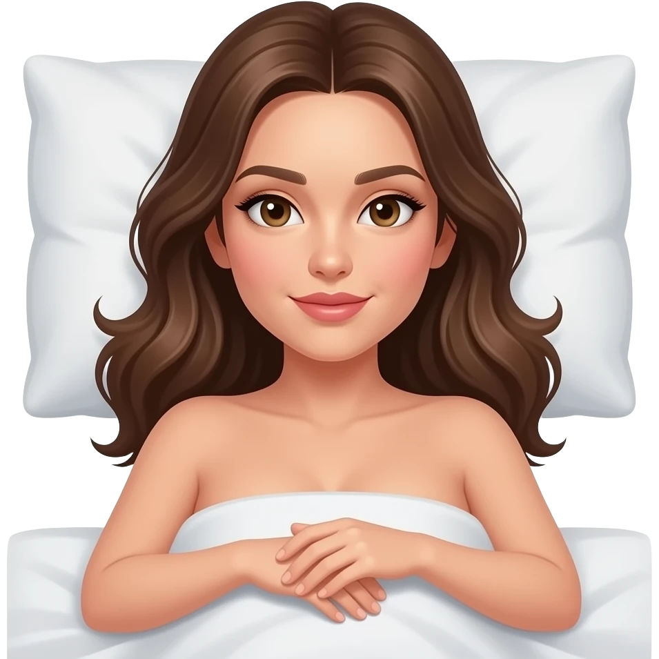 woman with brown hair laying on bed, no clothes, legs open emoji