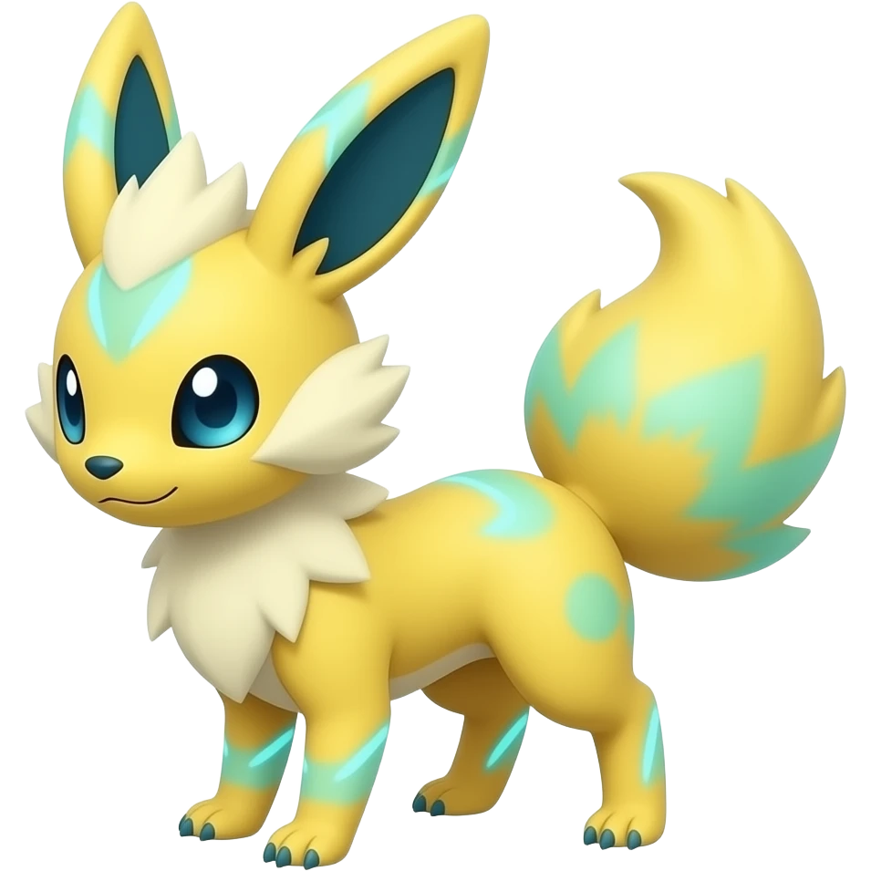 Yellow Renamon-Zeraora-Fennekin-Manectric-Vaporeon-Fakémon-hybrid with glowing neon cyan markings emoji