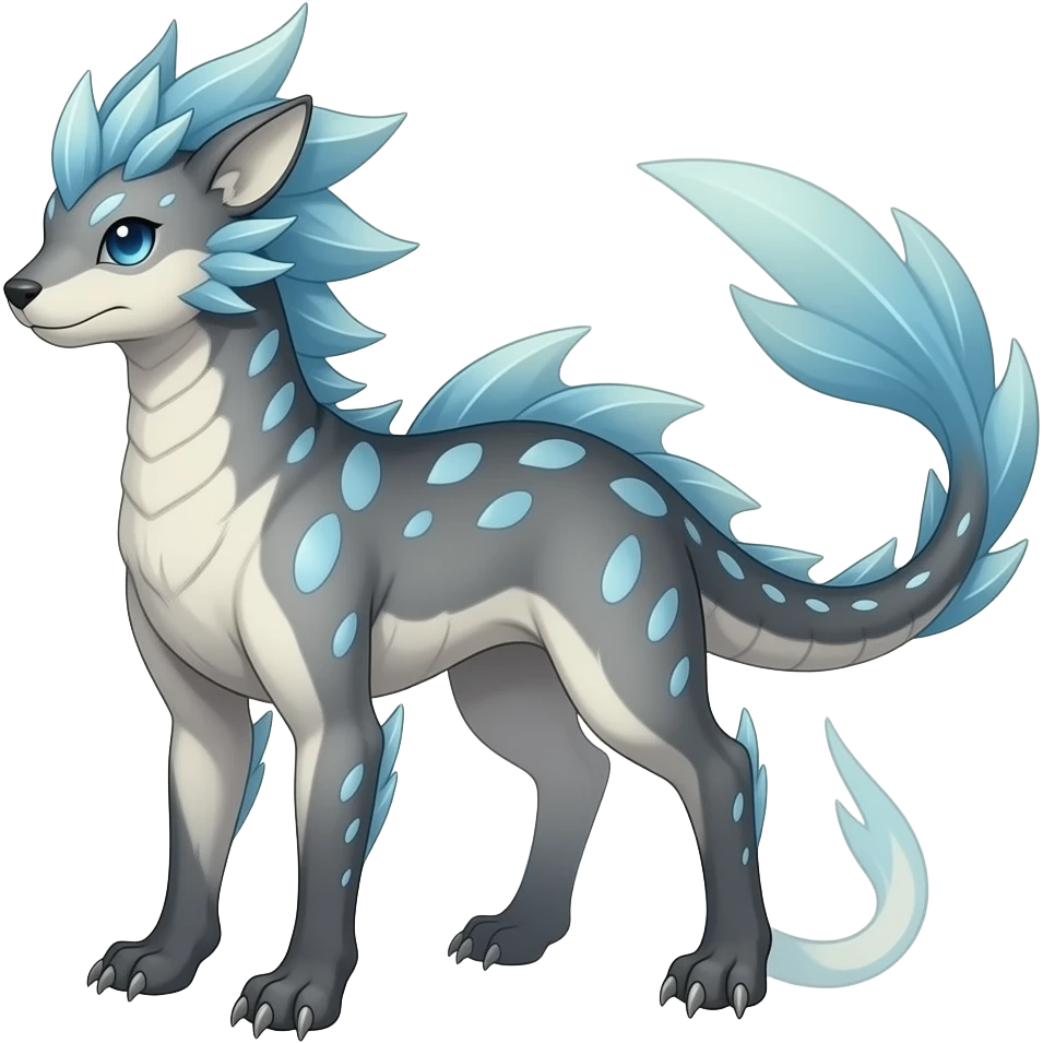 Quadrupedal digitigrade shiny glossy smooth finned frilled gothic tall slim unique epic legendary shiny edgy cool cyberpunk-solarpunk-fantasy-Absol-Sprigatito-Vaporeon-Furret-Manectric-Mudkip-Fakémon-hybrid with an orca tail emoji
