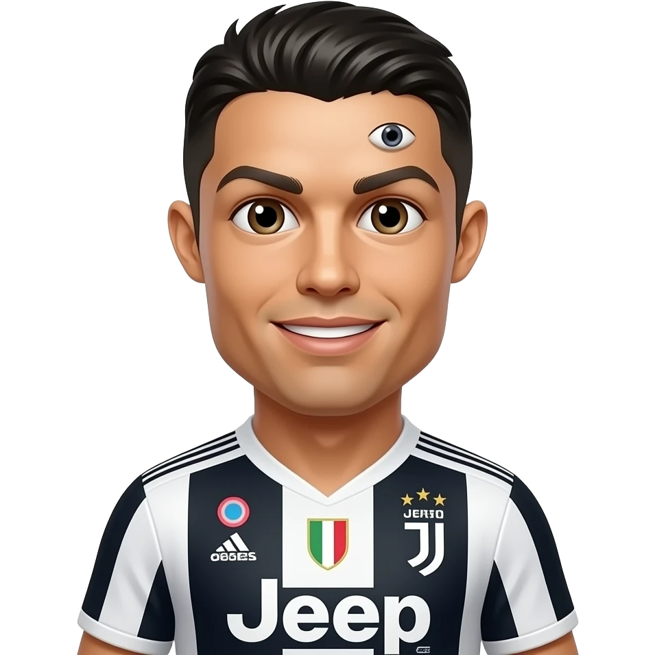 Cristiano Ronaldo emoji, Juventus jersey, extra small emoji eye on upper right forehead, same emoji eye style, bright 3D cartoon style. emoji