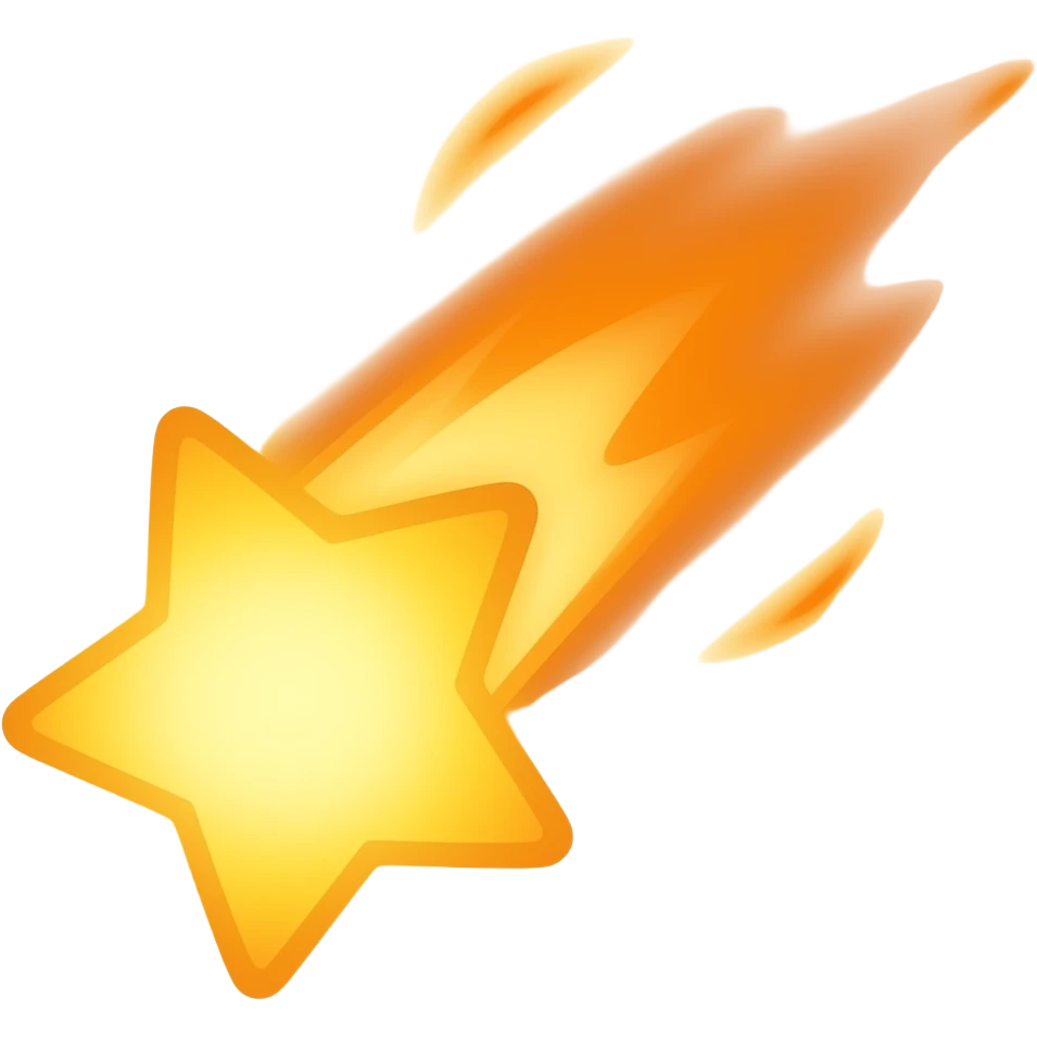 shooting star with a comet-like tail of a yellow-orange hue, transparent background, minimalistic, in the style of modern iOS emoji – soft plastic material, subtle lighting, gentle reflections and glossy highlights emoji