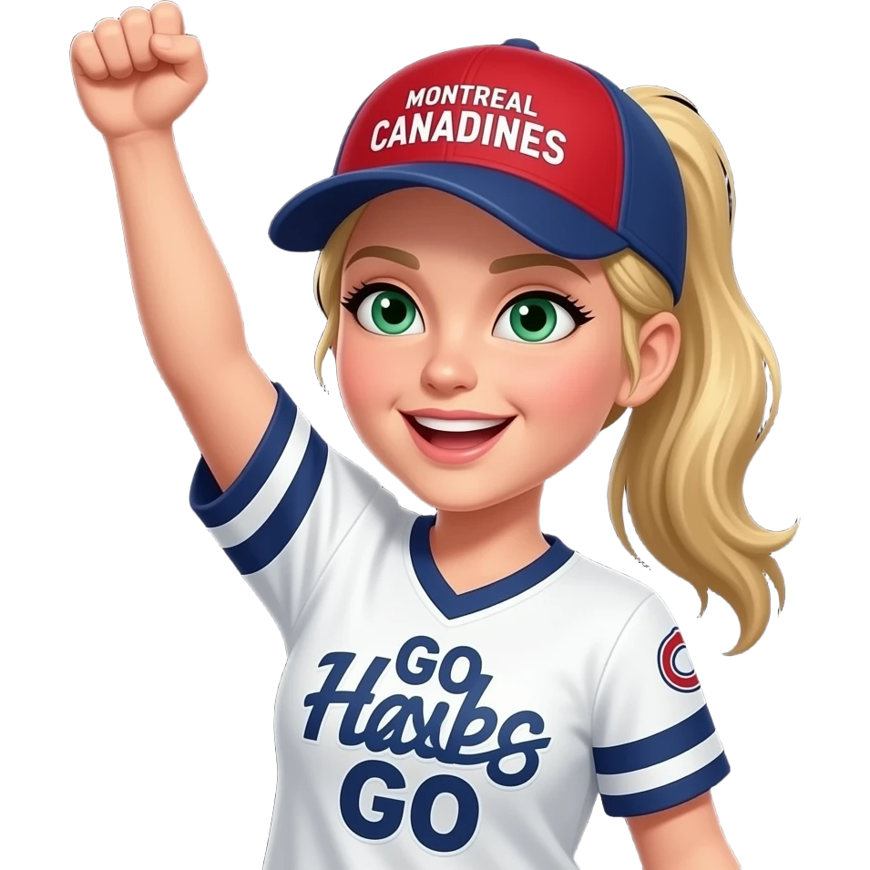 Green eyed Woman Cheering with arm in the air with blonde hair with pony tail, where Montreal Canadians cap and Go Habs Go written on jersey shirt. Put a black background emoji