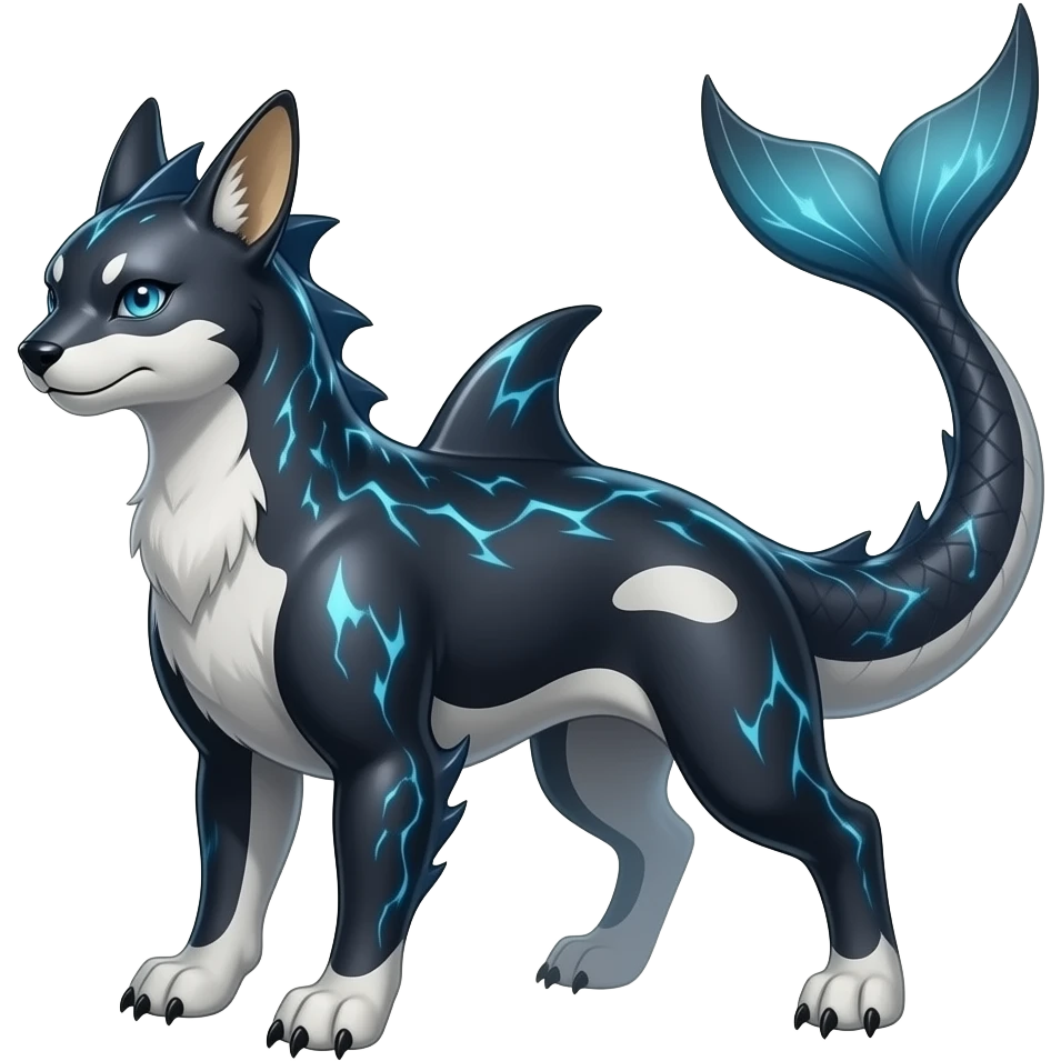 Tough realistic Quadrupedal digitigrade shiny glossy smooth finned frilled gothic tall slim unique epic legendary shiny edgy cool cyberpunk-solarpunk-fantasy-Sharpedo-Sceptile-Sprigatito-Flyogn-Vaporeon-Electrike-Fakémon-hybrid with an orca tail emoji