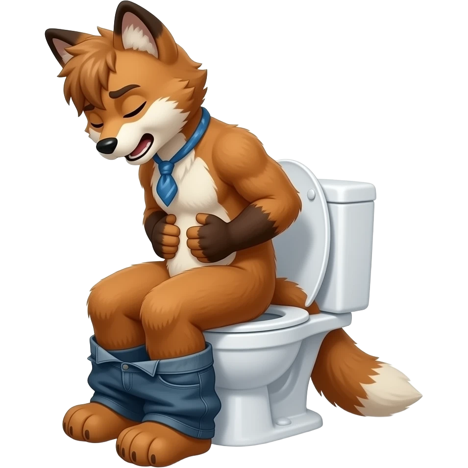 fursuit sitting on toilet, side view, sitting on toilet, side view, pants down, straining, eyes closed, pushing, squeezing, hands on stomach emoji