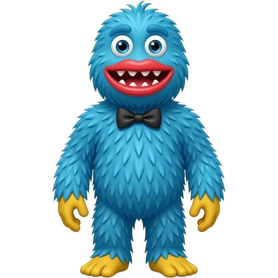A blue furry monster, that has red lips and razer sharp teeth with yellow feet and hands and he has no nose, nor ear, he has a bowtie on his neck, and he has a short neck, he has no eyebrows, and he is tall emoji