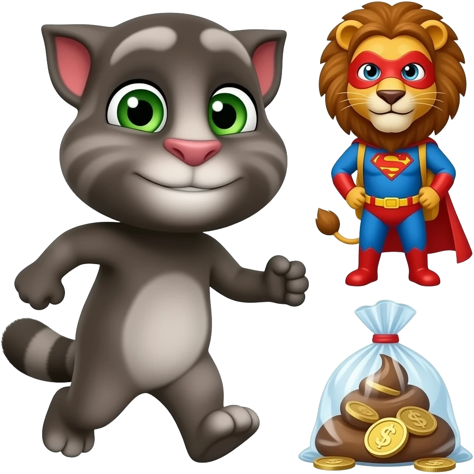 Mimi Talking Tom walking Mimi raccoon running money backpack with coin I add superhero Tom I add superhero lion watch out the raccoon poop put on the plastic bag emoji