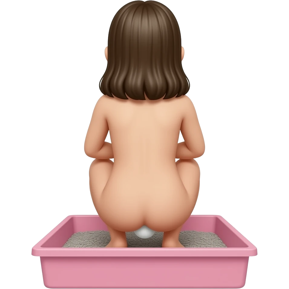 back view of a nude 10yo girl squatting and pooping inside a pink human sized litterbox filled with grey kitty litter emoji